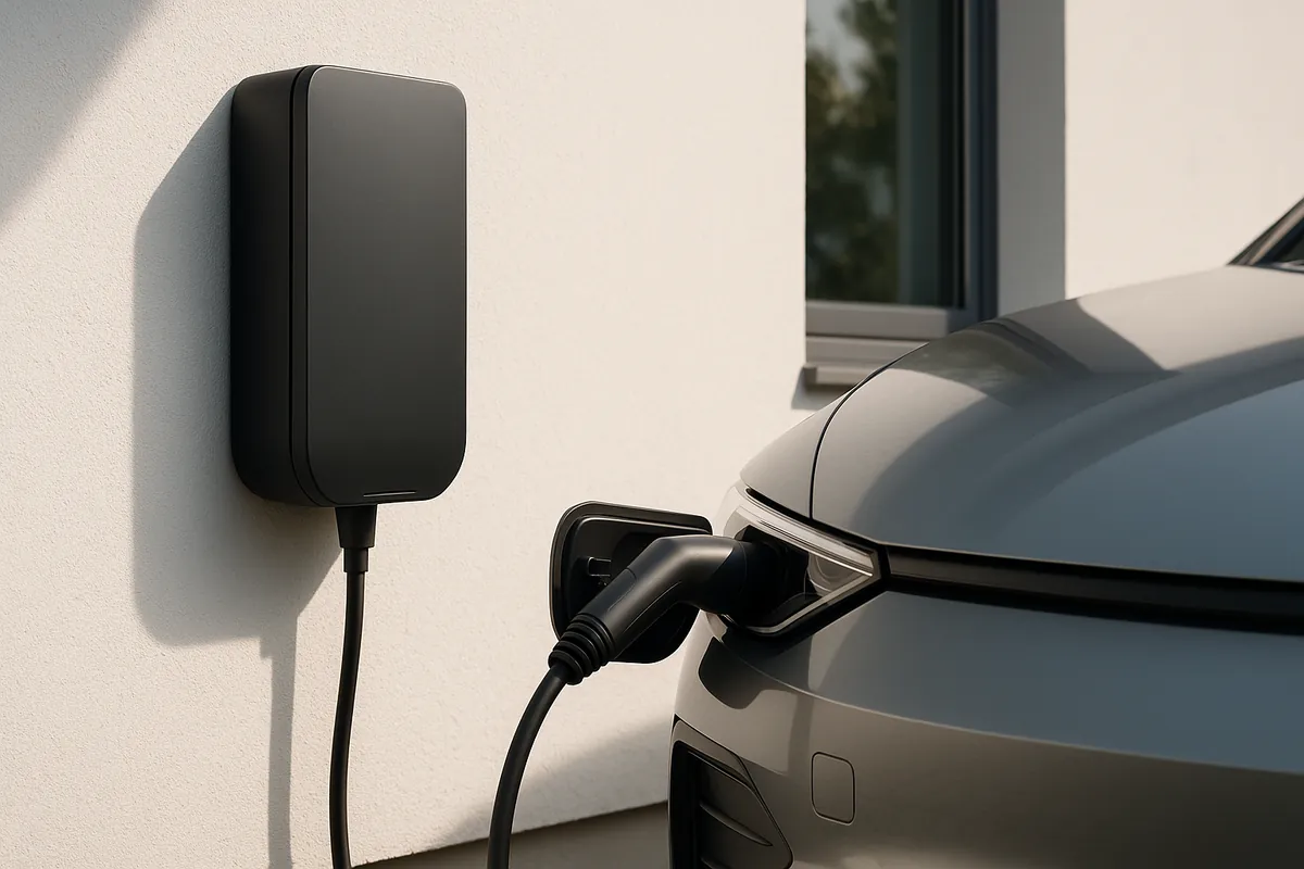 Illustration: Elektroauto lädt an einer Wallbox am Haus